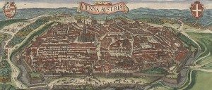 Panoramic view of Vienna after the city walls were reconstructed in 1548. In the middle is St Stephen's Cathedral (aka Stephansdom), behind the medieval Hofburg complex. Right next to it is the Minoritenkirche and to the far right Schottenstift with the Schottentor gate.  Source: Wikipedia