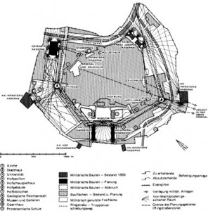 Military plan for the Ringstrasse before 1860: During the reign of Emperor Ferdinand I of Austria, this blueprint (above) was designed, depicting a residential estate of the Habsburgs and other noble families, with cross-sectioning showing lines of sight for soldiers to take aim towards all corners of the compound.  Professor Koch explained that this militaristic design (above) illustrates the distrust of the Habsburgs towards the university of the time.  Inspired by activities in France, ideas¬ of enlightenment and revolution, Viennese intellectuals published pamphlets and newspapers discussing education, language, and a desire for liberal reforms.   (Image courtesy of Professor Koch) 