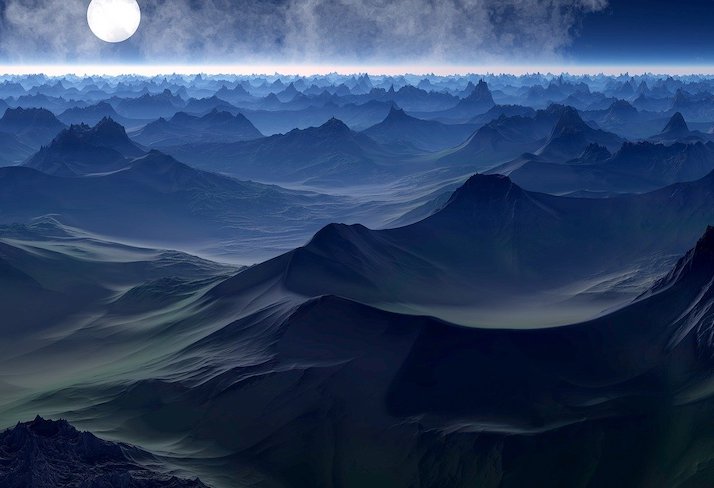Illustration of mountainous blue planet with moon on the horizon