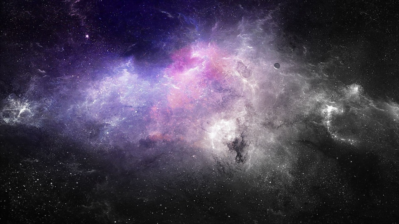 Starry black sky with pink and purple clouds of gas; emergence is cosmology workshop image